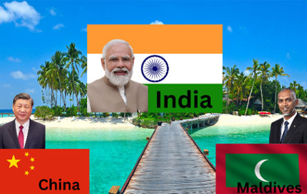 India-Maldives Two flags, Indian and Chinese, stand side-by-side near a scenic Maldivian beach, representing the complex interplay of tourism, politics, and international relations in the region.